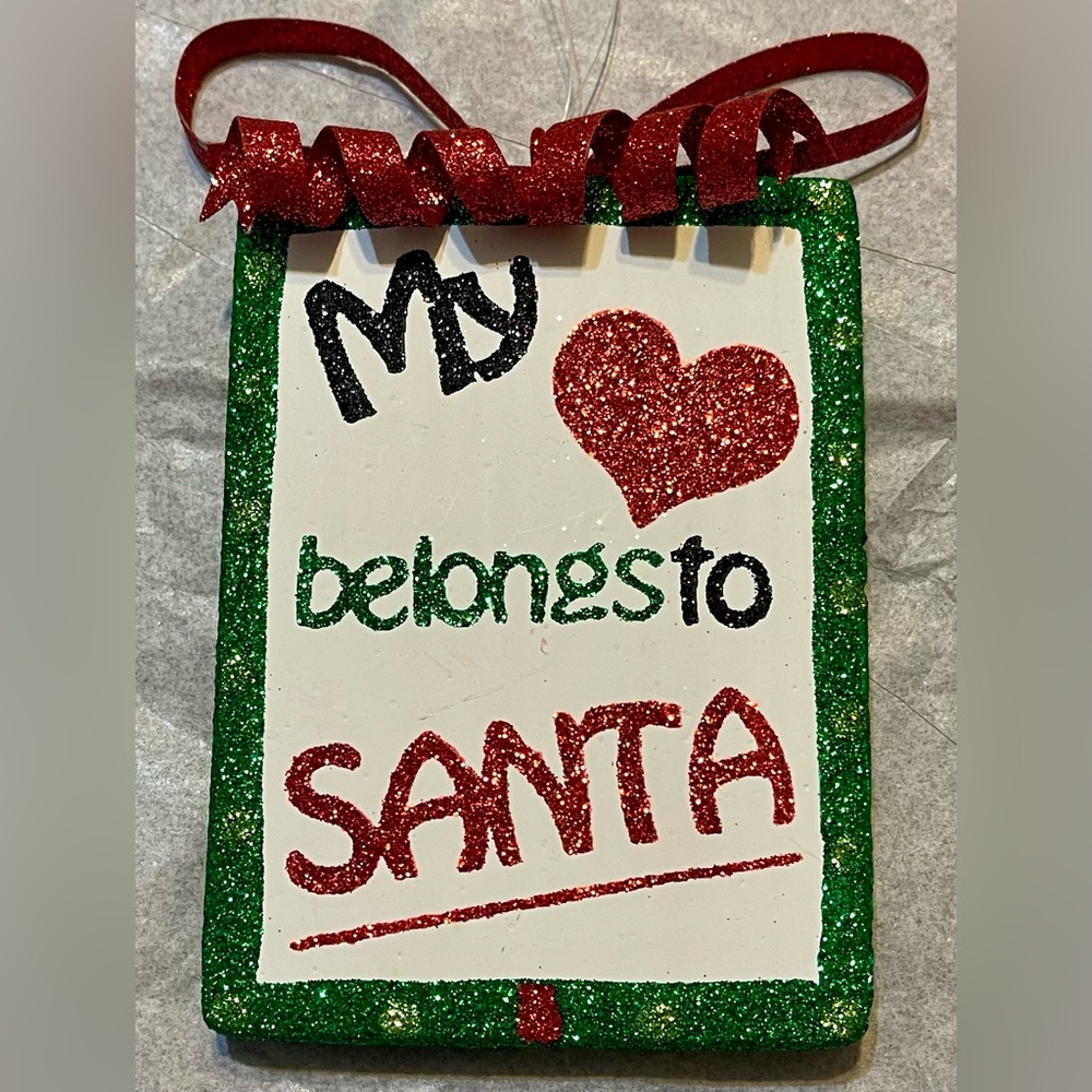 Pier 1 Vintage My ❤️ Belongs To Santa Glitter Present Christmas Ornament